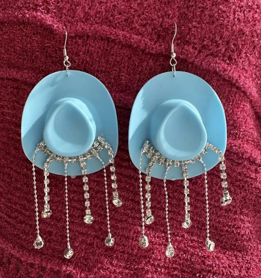 Acrylic Sky Blue Western Cowboy Cowgirl Hat With Rhinestone Dangle Embellishments Drop Earrings
