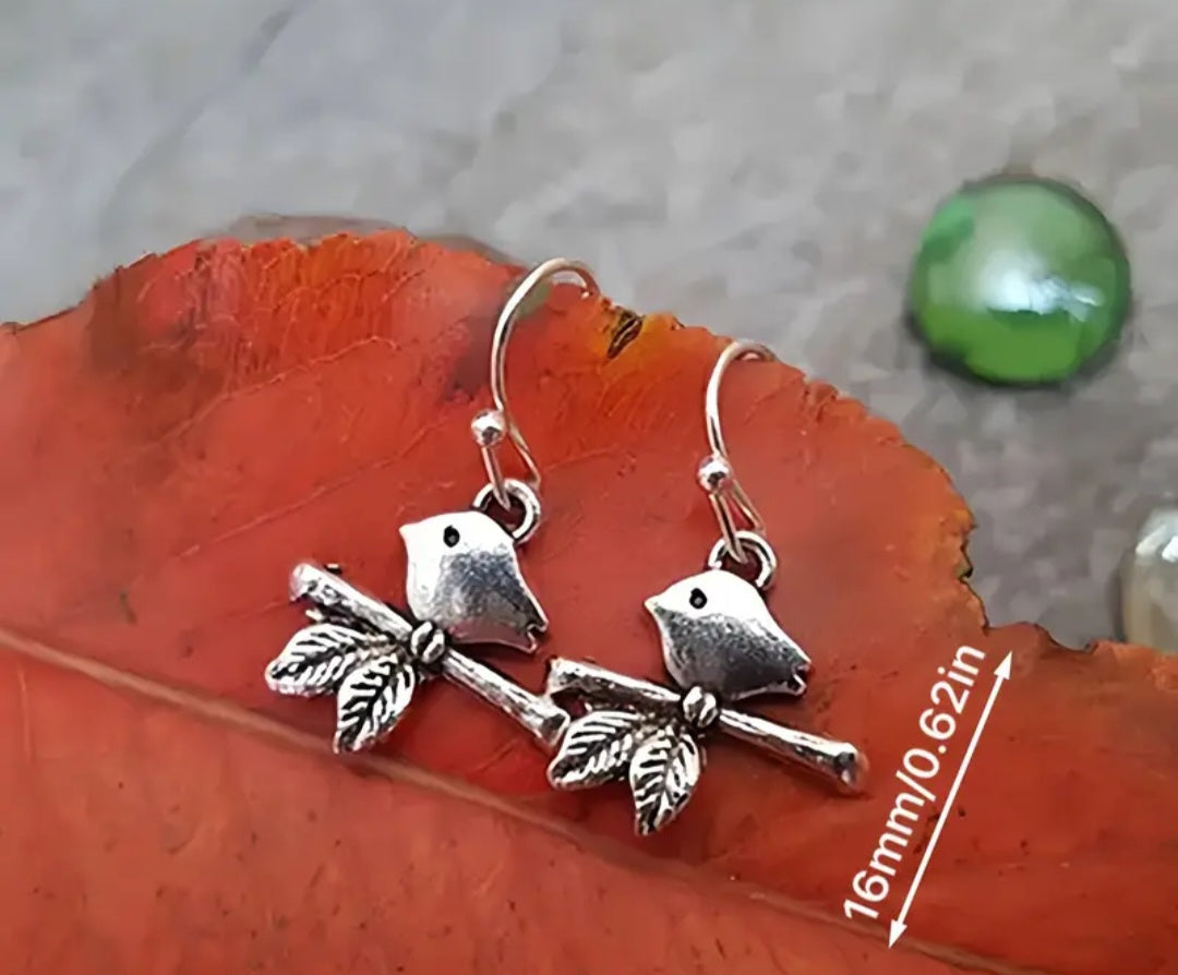 Dainty Bird On Branch Vintage Style Silver Plated Small Dangle Earrings