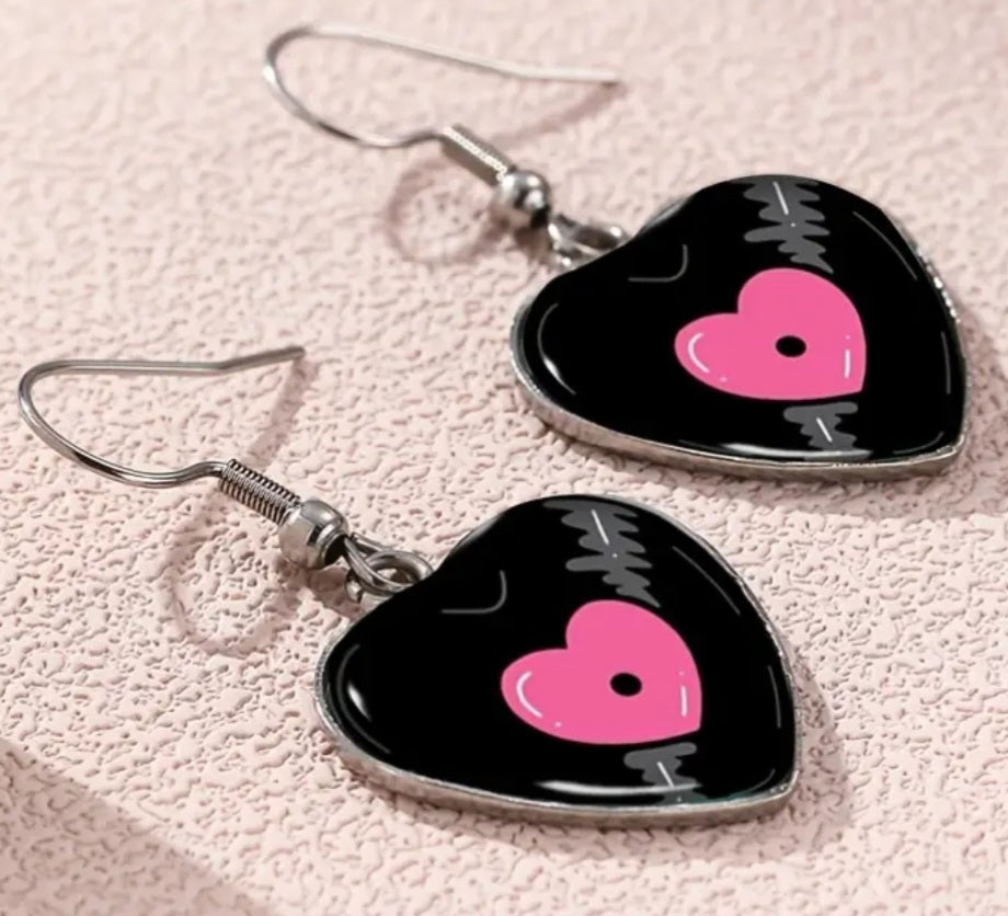Acrylic Heart Shaped Vinyl Record Design Resin Drop Dangle Earrings