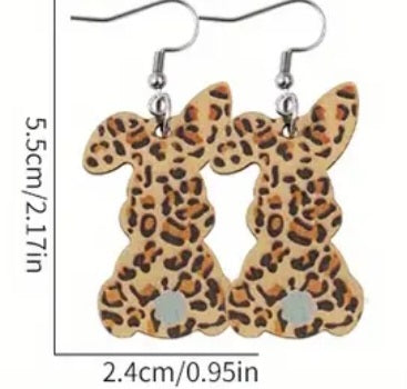 Cartoon Easter Bunny Rabbit Leopard Print Spring Design Wood Drop Dangle Earrings