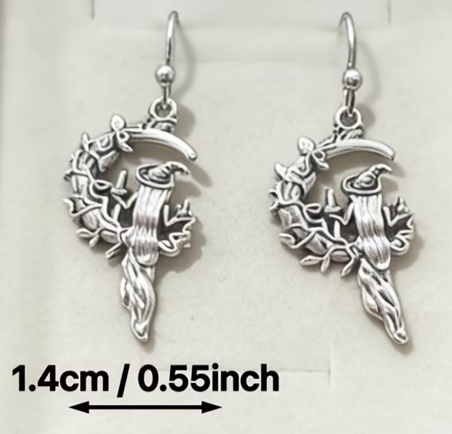 Crescent Moon Forrest Witch Magic Silver Plated Teeny Dangle Earrings