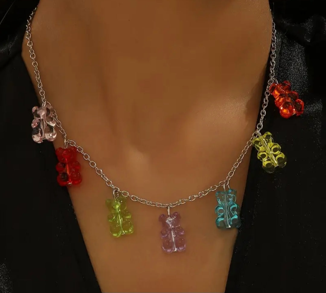 Acrylic Candy Charm Gummy Bear Lollies Theme Pendant Chain Silver Plated Necklace