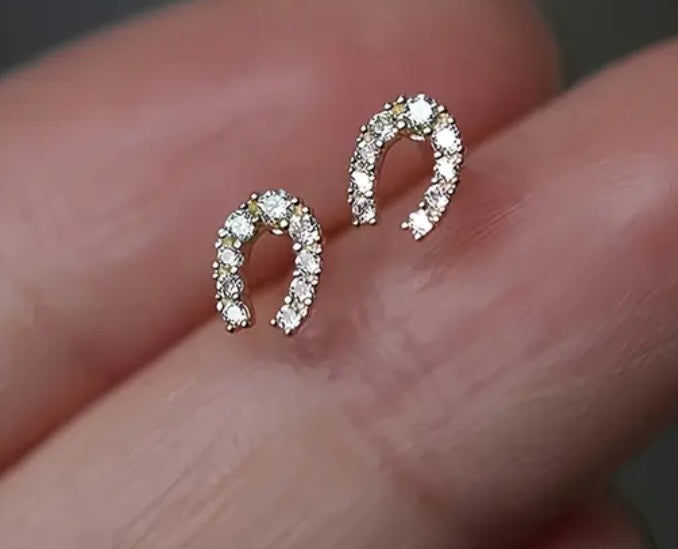 Dainty Country Horseshoe Western Theme Horse Gold Plated Rhinestone Inlay Mini Tiny Stud Earrings