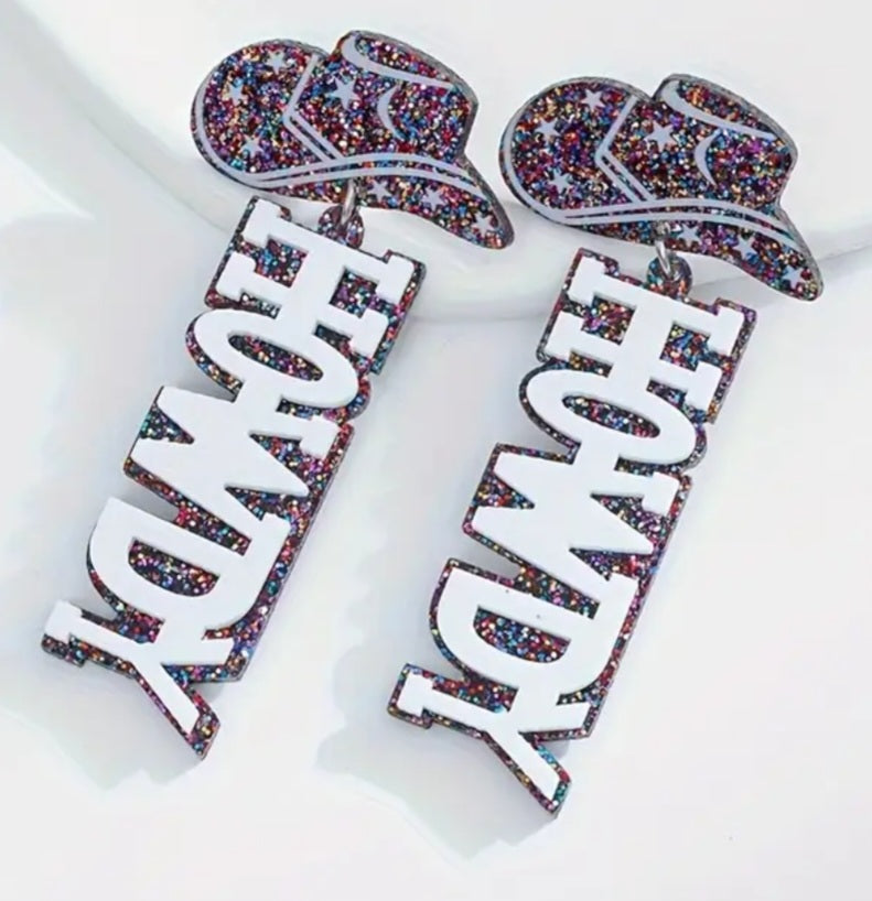 Acrylic Cowboy Hat Howdy Glitter Sparkle Extra Large Western Country Theme Drop Dangle Earrings