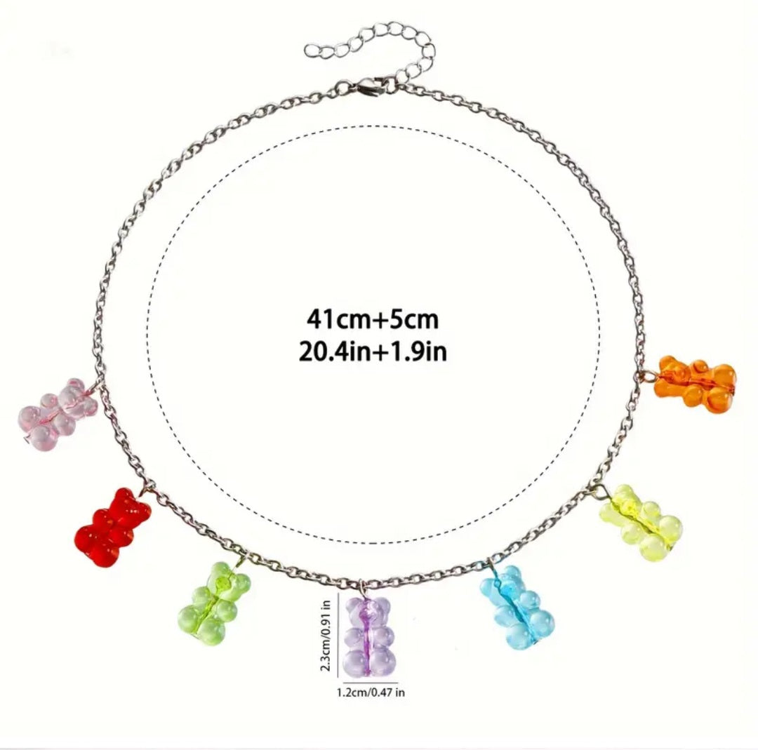 Acrylic Candy Charm Gummy Bear Lollies Theme Pendant Chain Silver Plated Necklace