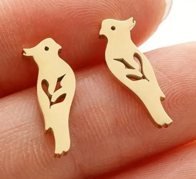 Adorable Parrot Cockatiel Design Gold Plated Stainless Steel Small Teeny Stud Earrings