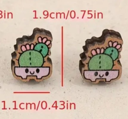 Cartoon Cactus Succulent Pot Double Plant Garden Wood Stud Earrings
