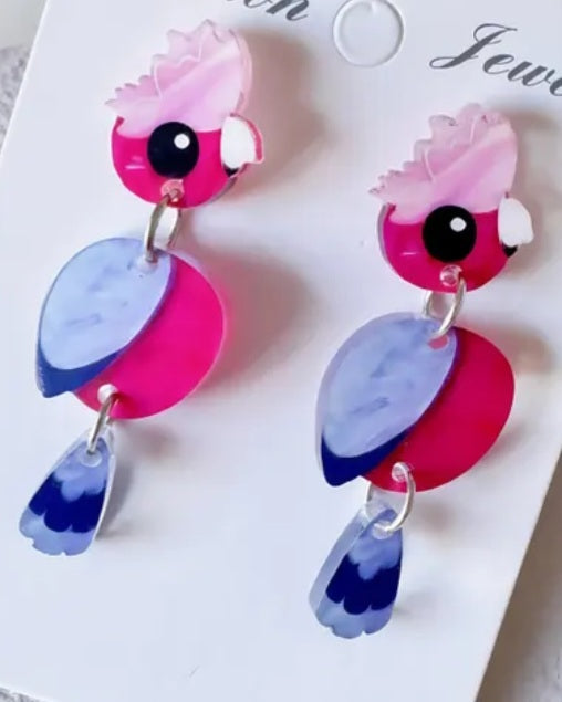 3 Part Hinged Acrylic Australia Pink And Grey Galah Cockatoo Parrot Bird Design Drop Dangle Earrings