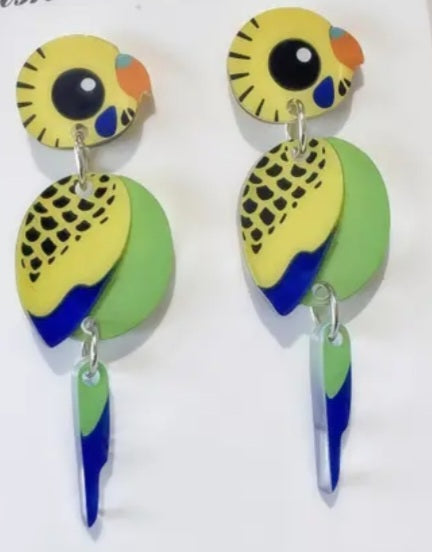 3 Part Hinged Acrylic Australia Budgie Budgerigar Cockatoo Parrot Bird Design Drop Dangle Earrings