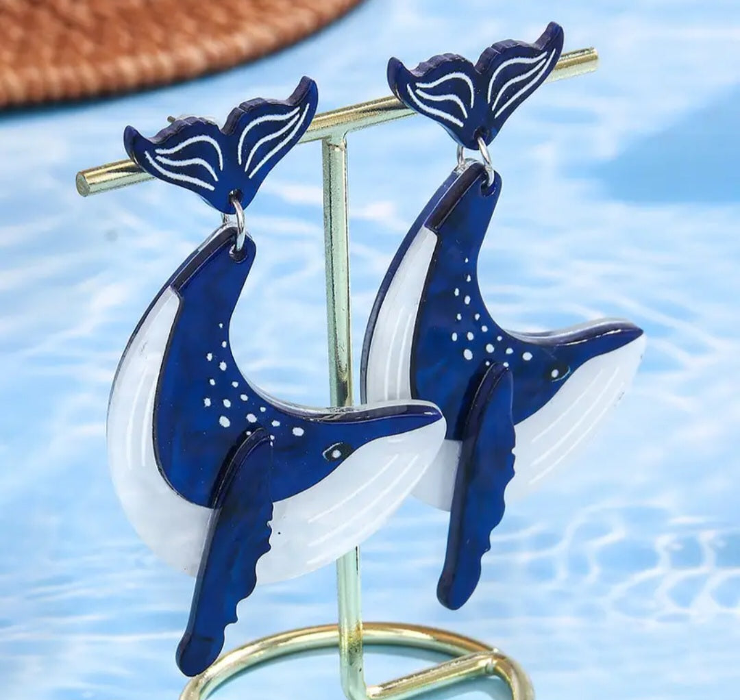 Acrylic Cartoon Giant Blue Humpback Whale Design Drop Dangle Earrings