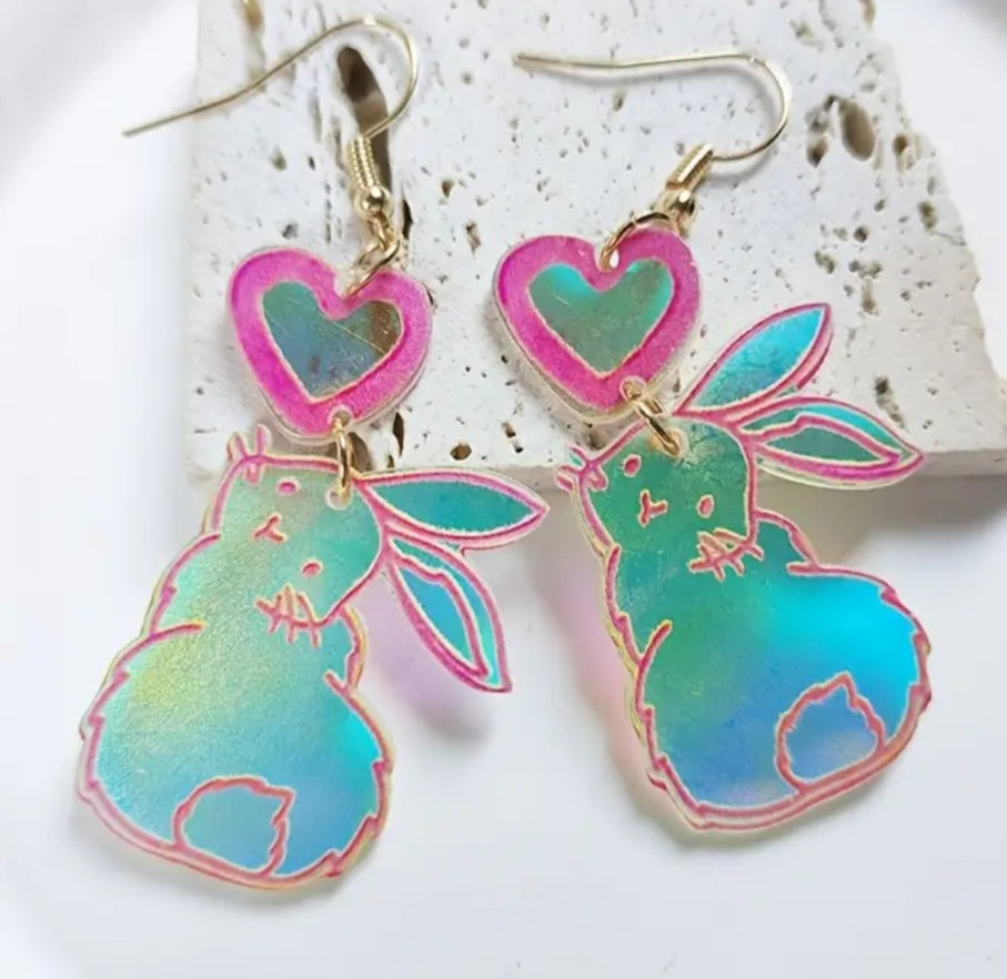 Acrylic Easter Bunny Holographic Rabbit Spring Drop Dangle Earrings