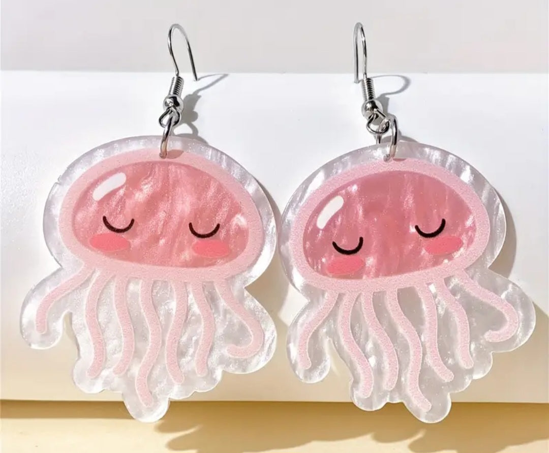 Acrylic Cartoon Jellyfish Pink Design Drop Dangle Earrings