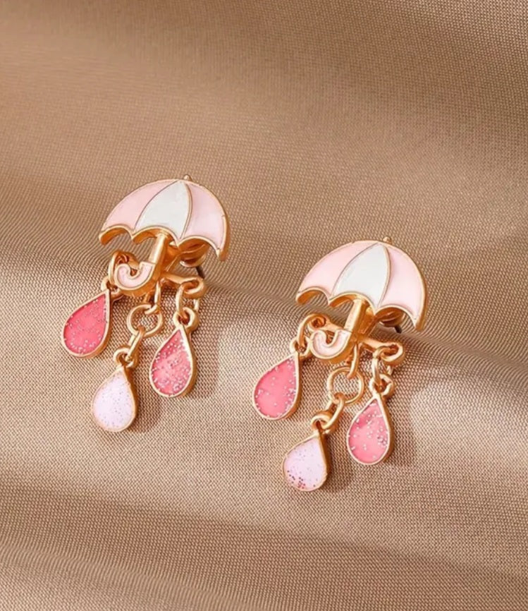 Enamel Glitter Accents Painted Pastel Pink Rain Drop Umbrella Design Drop Dangle Stud Earrings