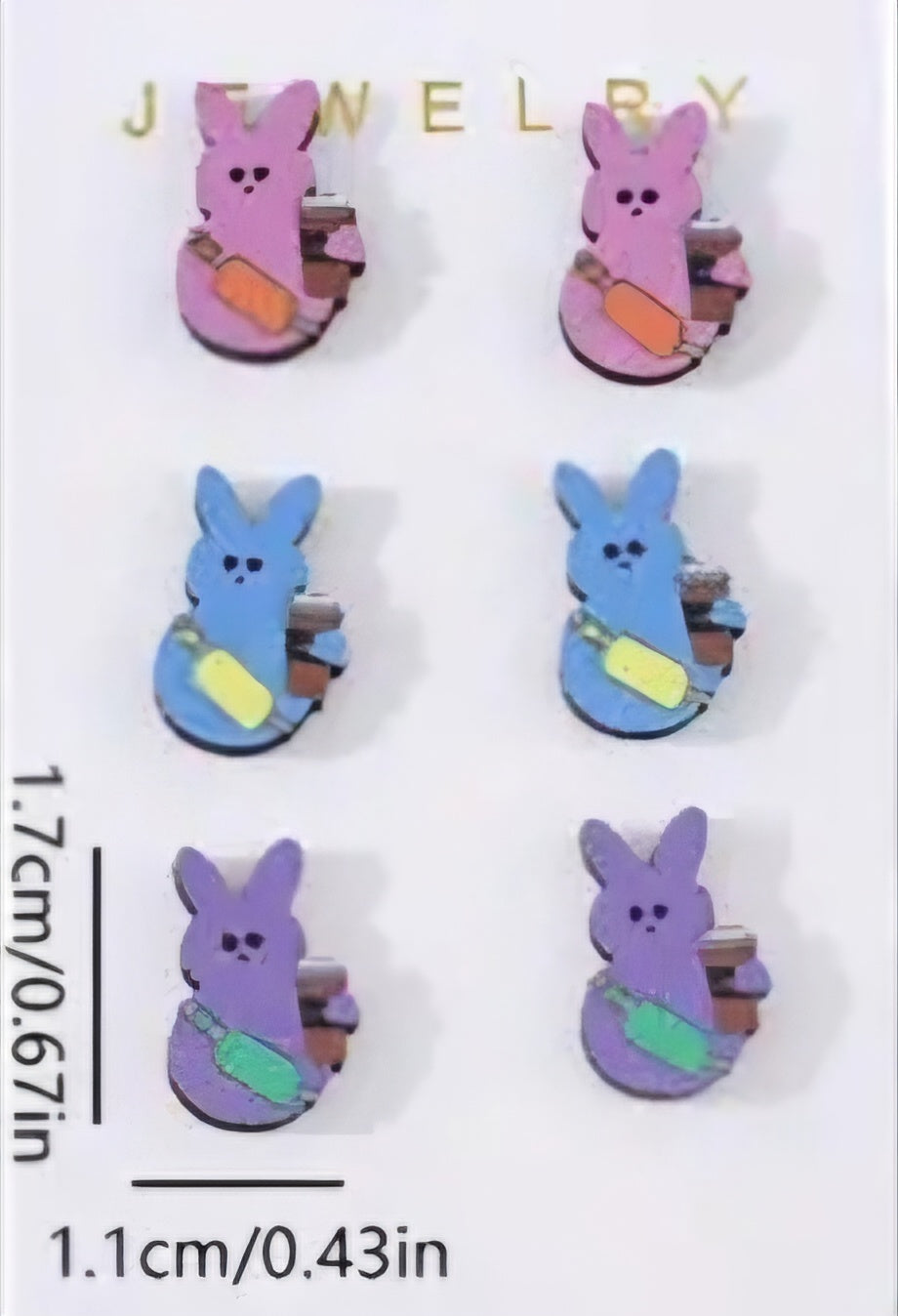Cartoon Colourful Easter Bunny Rabbit Coffee Cup Band Sash Spring Small Wood Stud Earrings Set Of 3