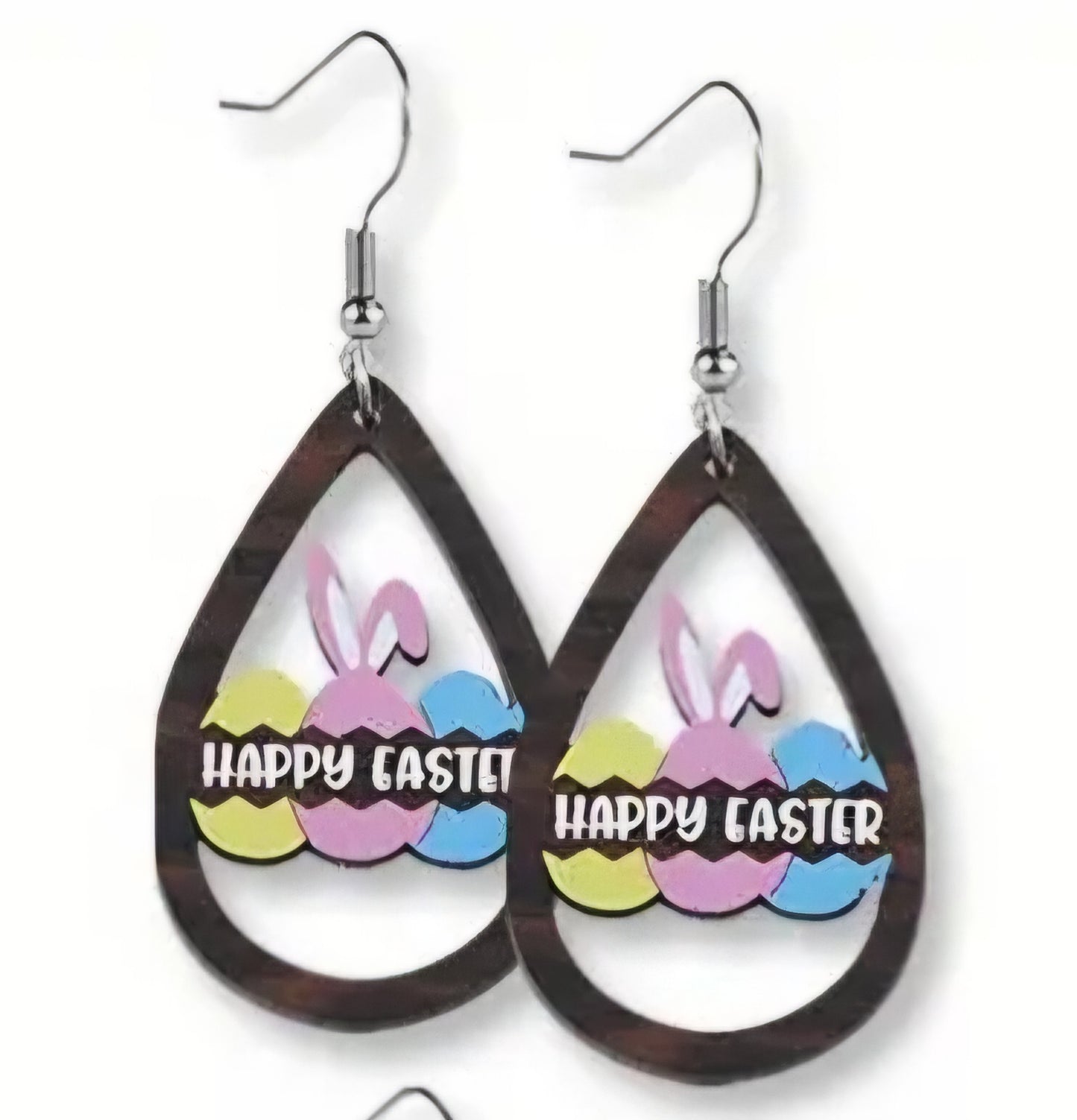 Cartoon Easter Bunny Rabbit Trio Eggs Ears Happy Easter Tear Drop Design Wood Drop Dangle Earrings