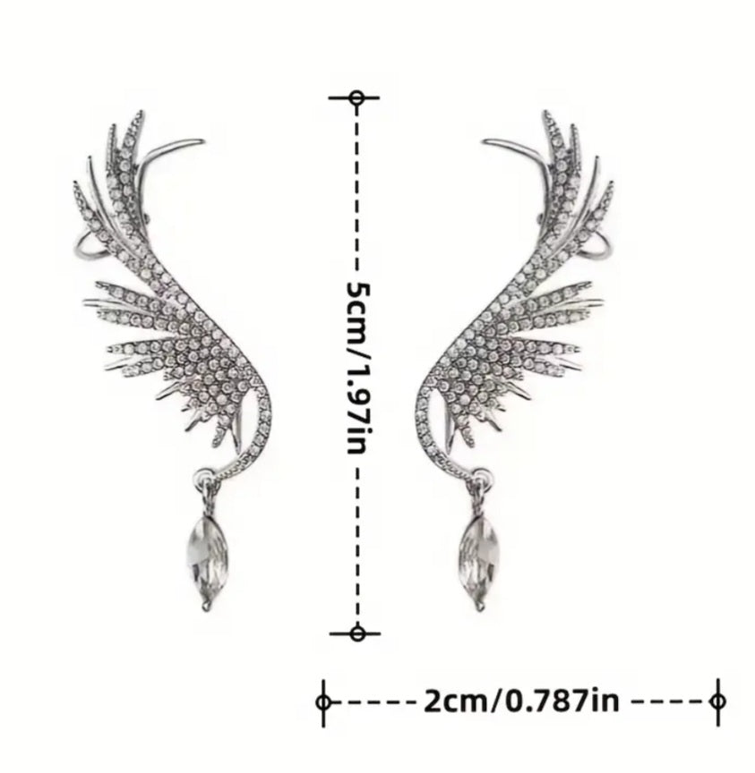 Angel Wing Drop Ear-Cuff Rhinestone Inlay Stunning Silver Plated Stud Earrings