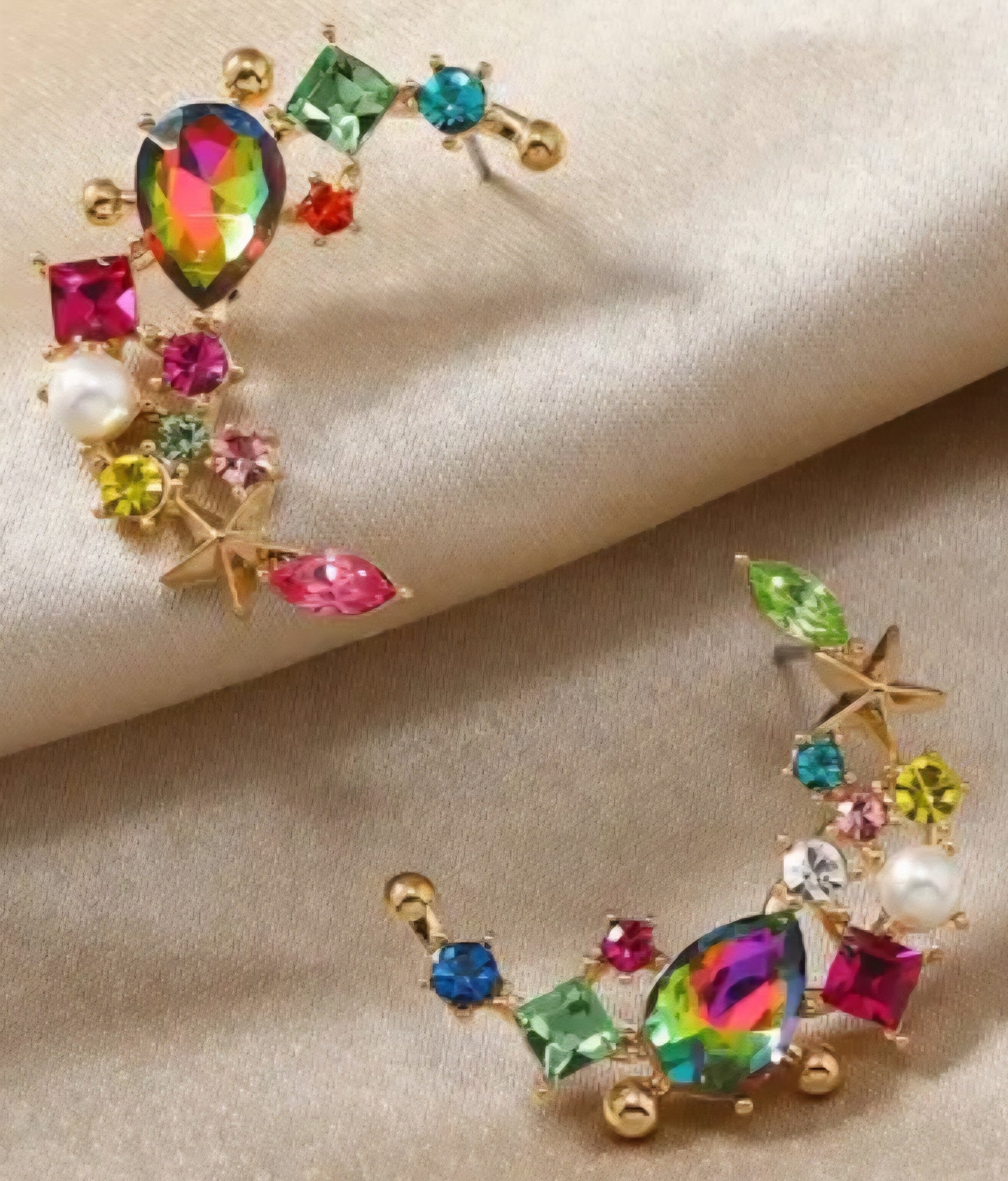 Celestial Crescent Moon Colourful Gem Rhinestone Gold Plated Giant Bling Jewel Stud Earrings