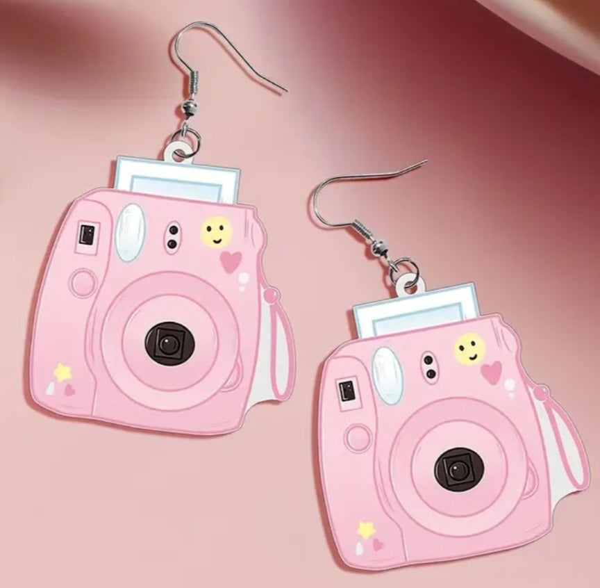 Acrylic Cartoon Camera Pink Instax Polaroid Inspired Design Drop Dangle Earrings