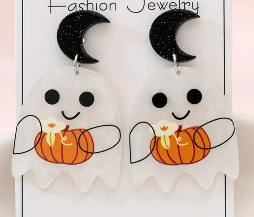Acrylic Cartoon Ghost Pastel Pumpkin Design Halloween Cresent Moon Drop Dangle Earrings