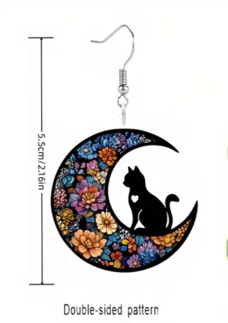 Acrylic Black Cat Crescent Moon Dark Flowers Design Drop Dangle Earrings