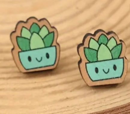 Cartoon Cactus Succulent Pot Short Plant Garden Wood Stud Earrings