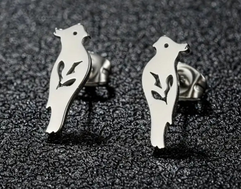 Adorable Parrot Cockatiel Design Silver Plated Stainless Steel Small Teeny Stud Earrings