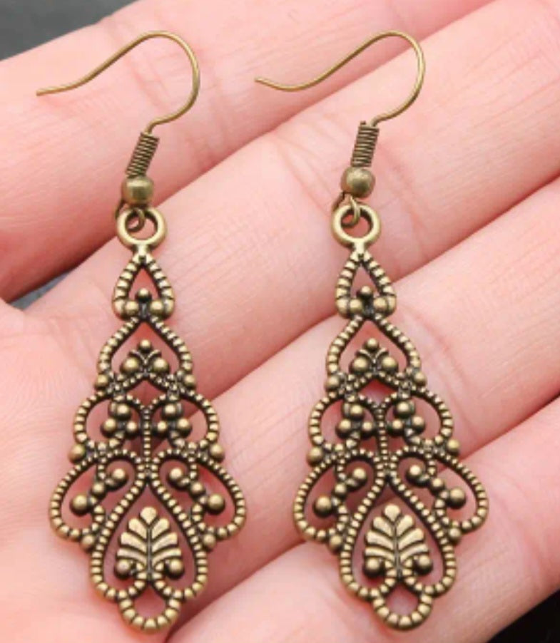Antique Bronze Copper Plated Boho Bohemian Filagree Leaf Design Metal Drop Dangle Earrings