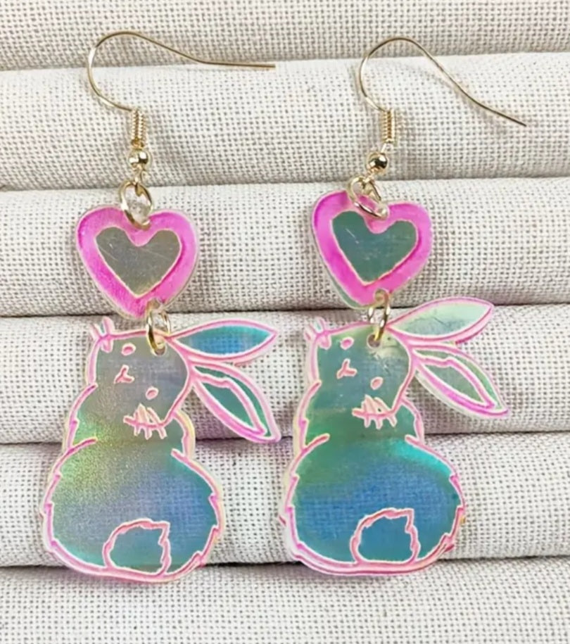 Acrylic Easter Bunny Holographic Rabbit Spring Drop Dangle Earrings