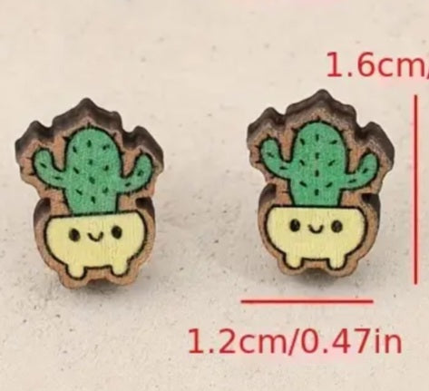 Cartoon Cactus Succulent Pot Tall Plant Yellow Tub Garden Wood Stud Earrings