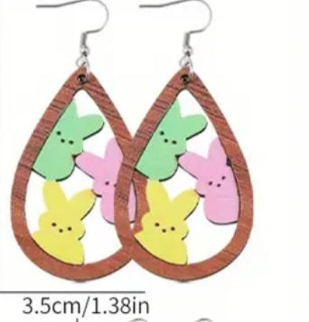 Cartoon Easter Bunny Rabbit Trio Bunnies Yellow Pink Green Tear Drop Design Wood Drop Dangle Earrings