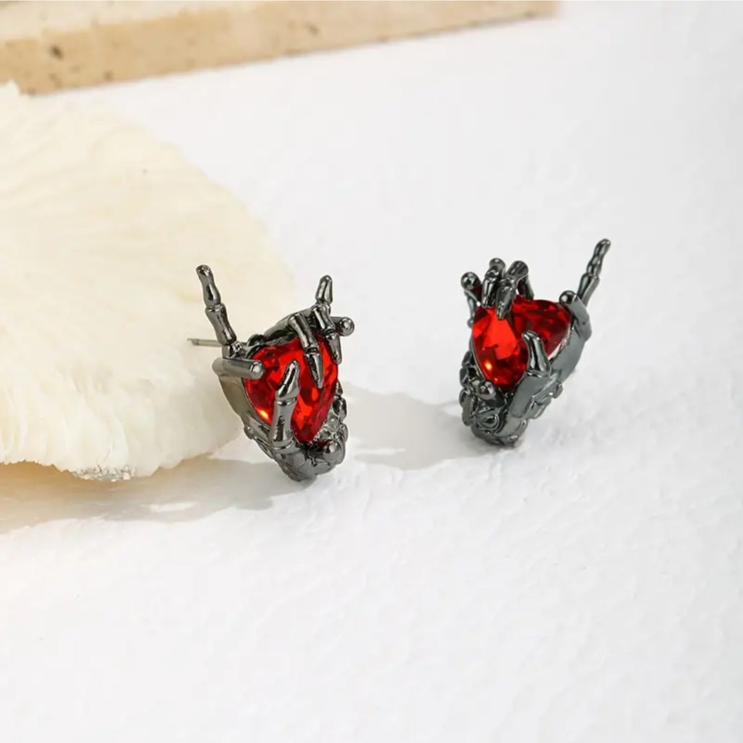 Antique Blackened Metal Gothic Rock N Roll Hands Holding Red Heart Skellington Horns Stud Earrings Necklace Set