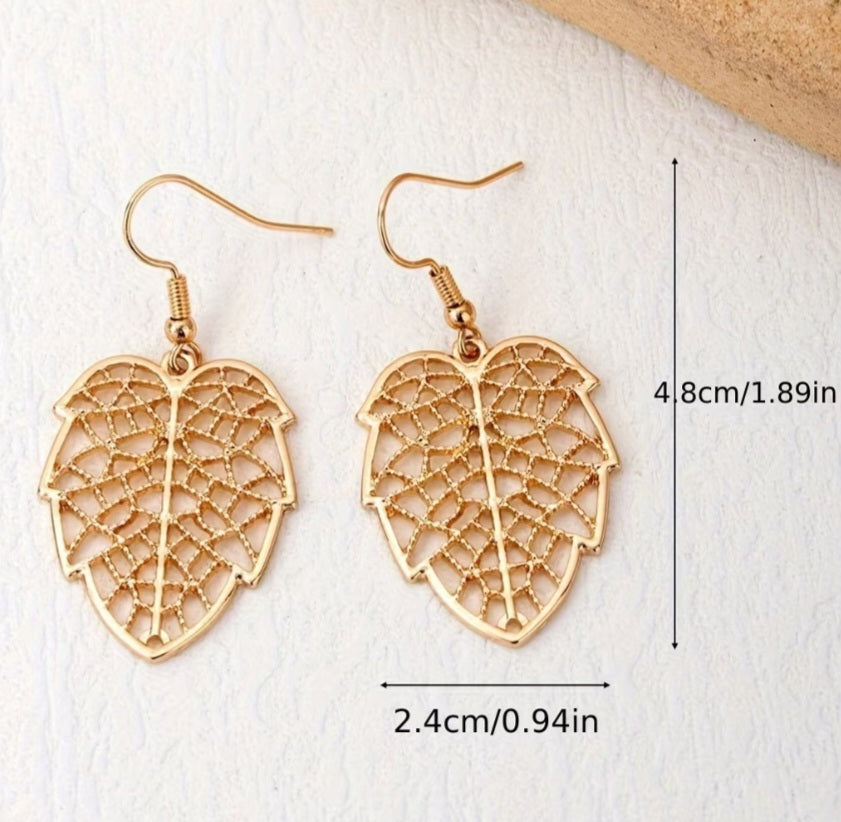 Boho Filagree Leaf Design Gold Plated Drop Dangle Earrings