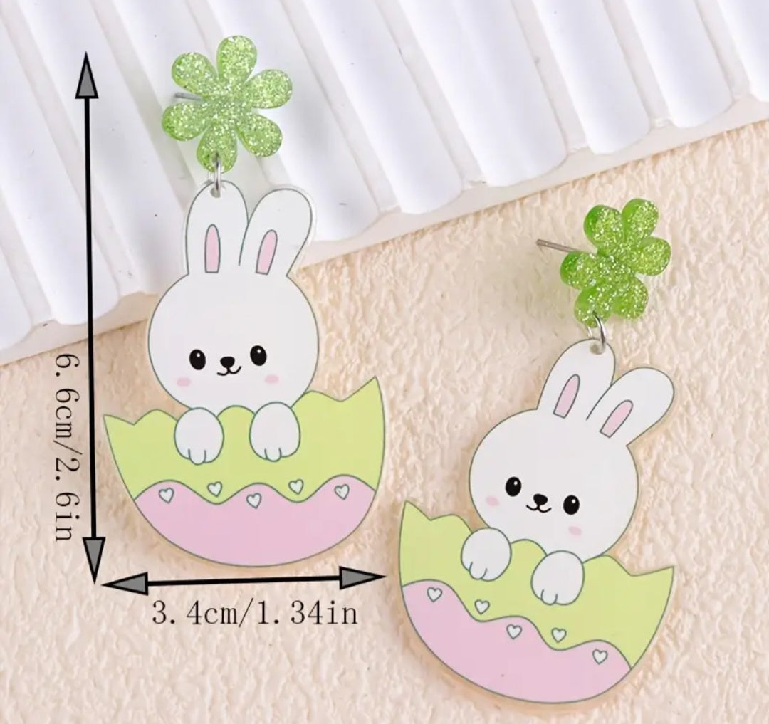 Acrylic Cartoon Bunny Rabbit Easter Egg Wave Spring Design Glitter Flower Drop Dangle Earrings