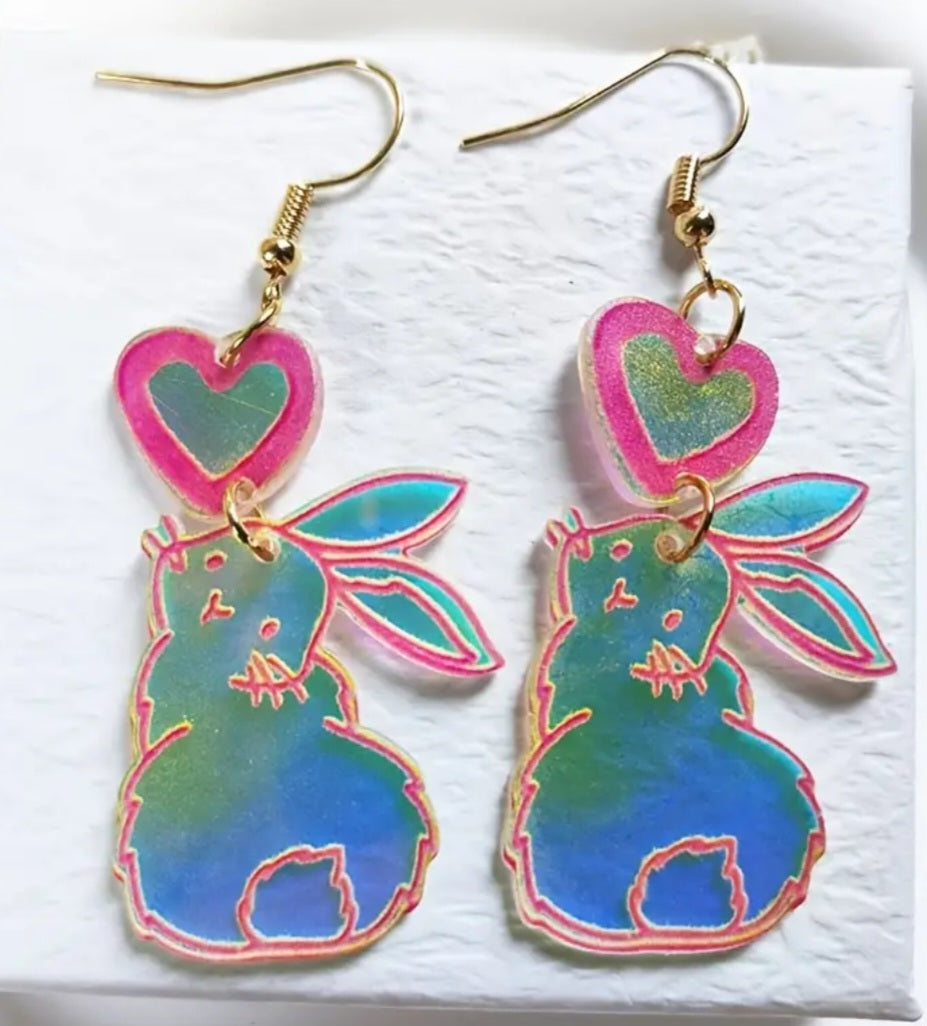 Acrylic Easter Bunny Holographic Rabbit Spring Drop Dangle Earrings