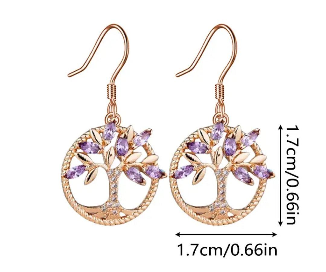 Gold Plated Pink Rhinestone Inlay Tree Of Life Design Circle Small Drop Dangle Earrings