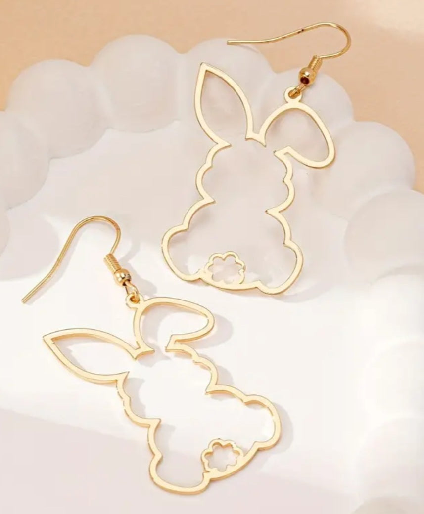 Bunny Rabbit Easter Spring Fine Line Hallow Design Gold Plated Drop Dangle Earrings