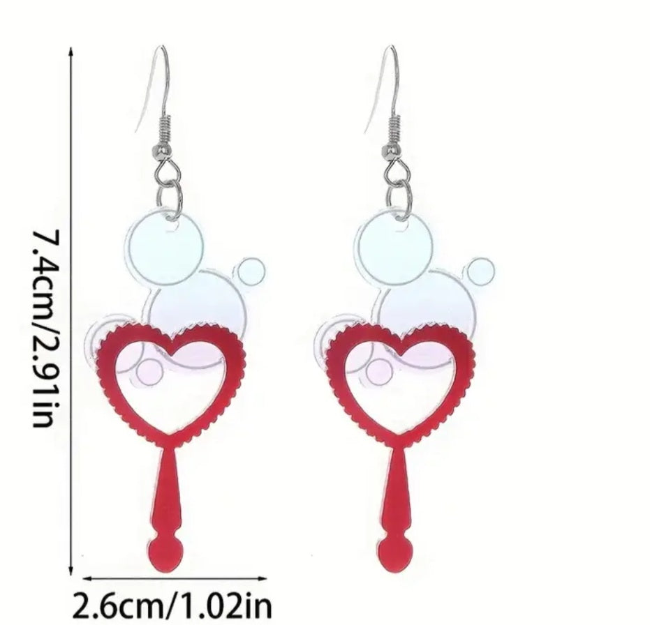 Retro Super Fun Acrylic With Mirror Look Accents Red Heart Shape Bubble Blower Wand With Reflective Bubbles Design Drop Dangle Earrings