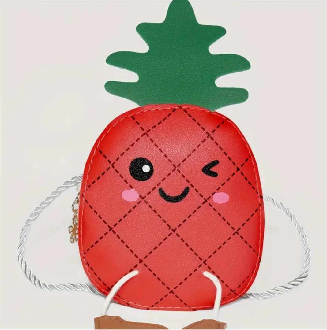 Kawaii Children's Cute Red Pineapple Small PU Vegan Faux Leather Coin Purse Shoulder Bag With Cord Strap