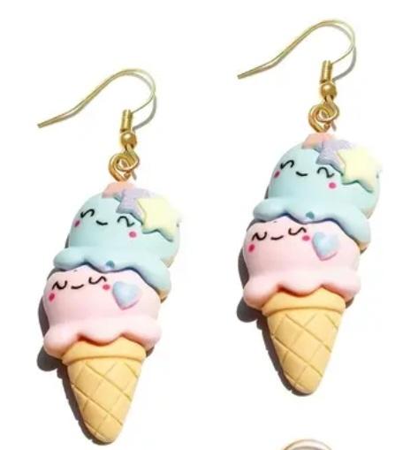 Acrylic Kawaii Smiley Face Double Scoop Ice Cream Dangle Earrings