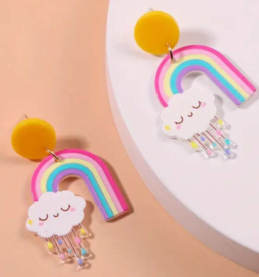 Cute Bright Large Acrylic Cartoon Kawaii Smiley Face Cloud Rainbow Drop Earrings