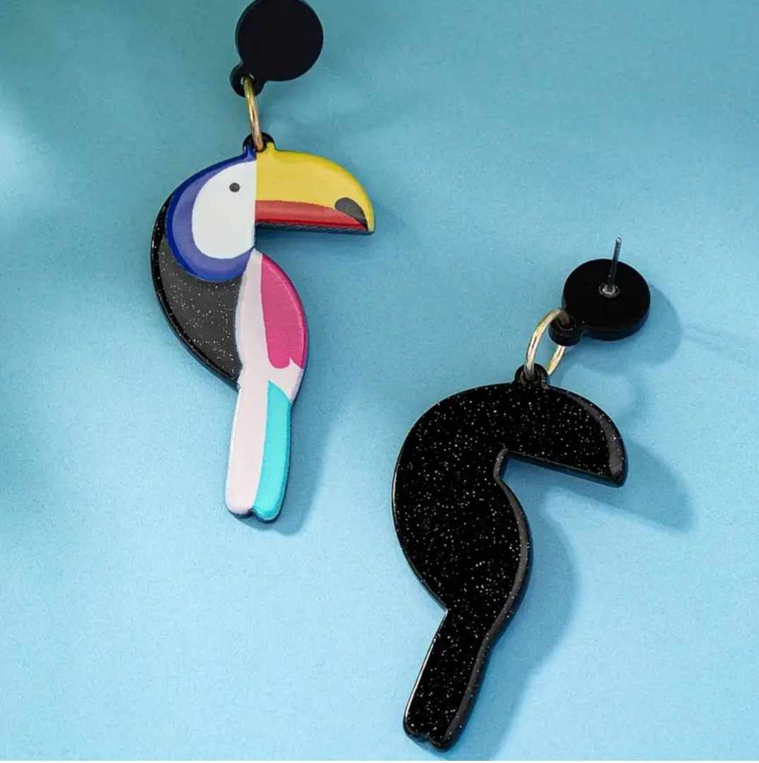 Colourful Glittery Acrylic  Toucan Parrot Design Drop Dangle Earrings