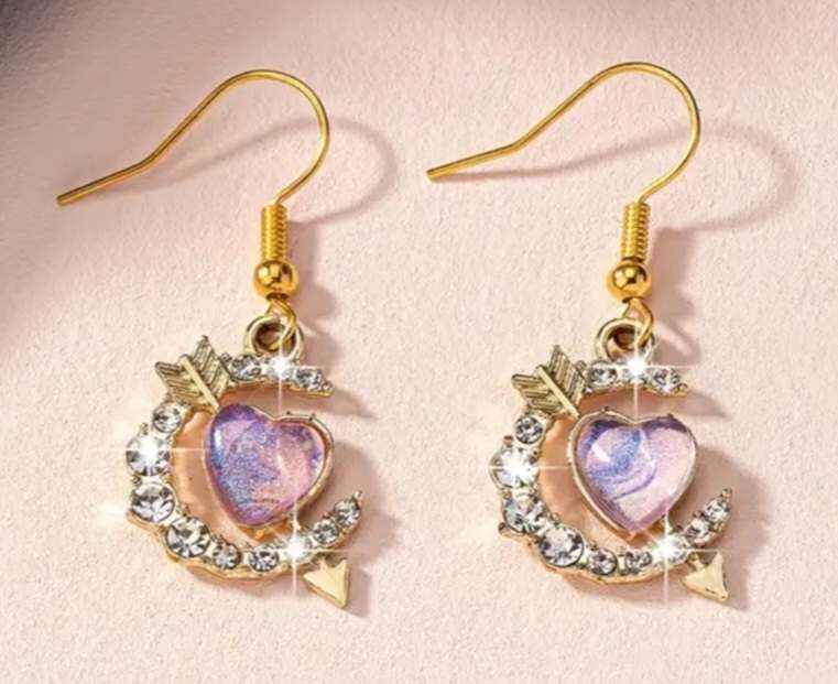 Gold Plated Pretty Sparkling Rhinestone Purple Heart With Arrow Crescent Moon Dangle Earrings