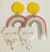 Cute Bright Large Acrylic Cartoon Kawaii Smiley Face Cloud Rainbow Drop Earrings