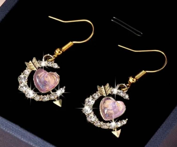 Gold Plated Pretty Sparkling Rhinestone Purple Heart With Arrow Crescent Moon Dangle Earrings