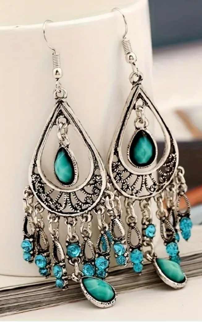 Stunning Large Boho Bohemian Chandelier  Synthetic Cubic Zirconia Silver Tone Turquoise Coloured Stone Dangle Drop Earrings