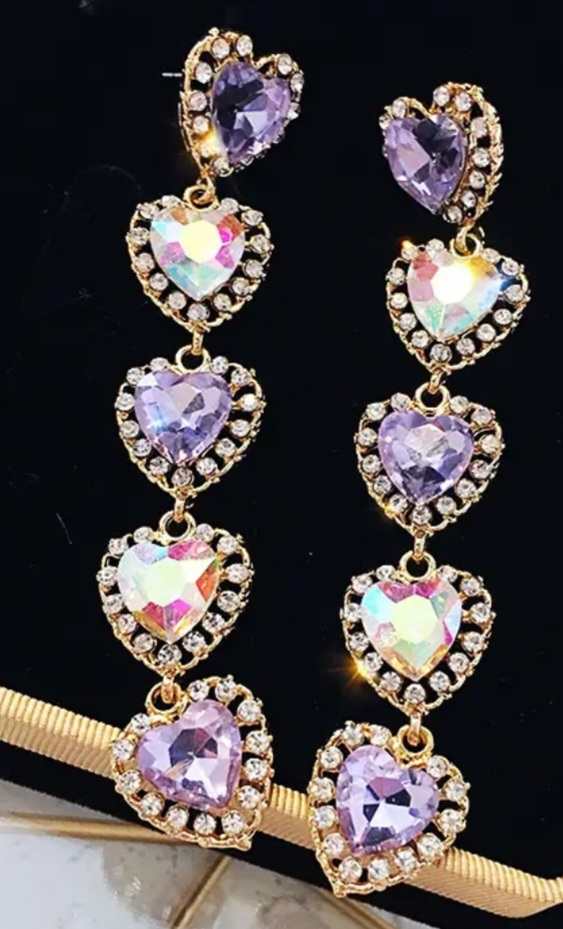 Sparkle Bling Extra Long Lilac Purple Rhinestone Inlay Heart Gold Plated Drop Earrings