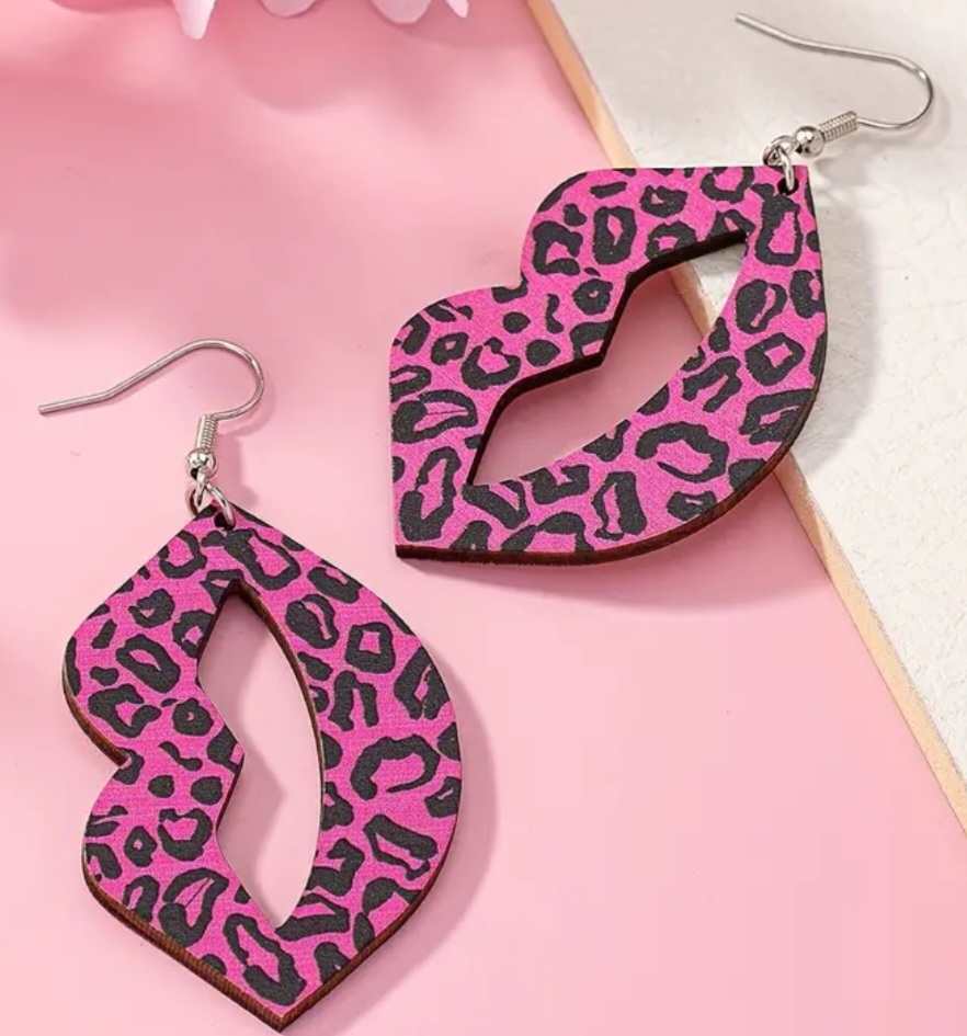 Sexy Hot Pink Leopard Print Lips Kiss Design Wood Dangle Earrings