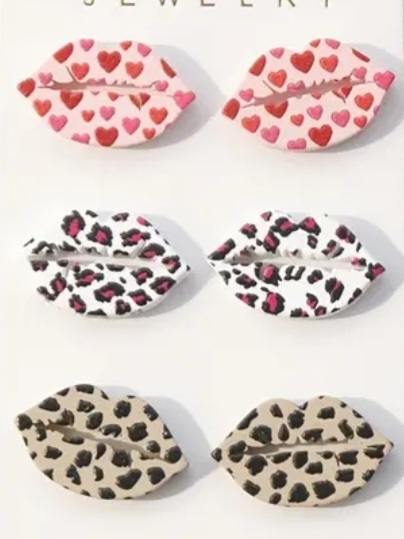 Acrylic Heart Stud Earrings Pink Hearts White Khaki Leopard Print Design Set Of 3