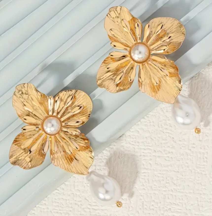 Elegant Extra Large Gold Plated Flower With Faux Pearl Drops Dangle Stud Earrings