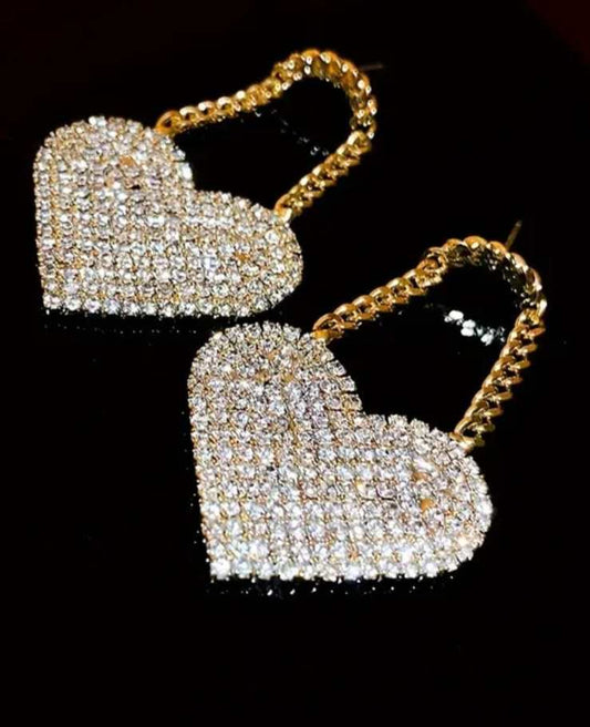 Gold Plated Chain With White Rhinestone Inlay Huge Heart Bling Sparkle Dangle Earrings